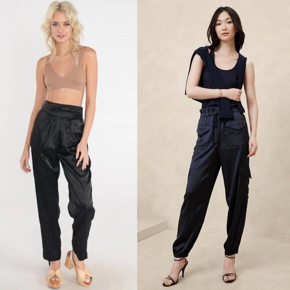 Abercrombie & Fitch black satin high rise taper paperbag trousers medium NWT - Picture 8 of 8